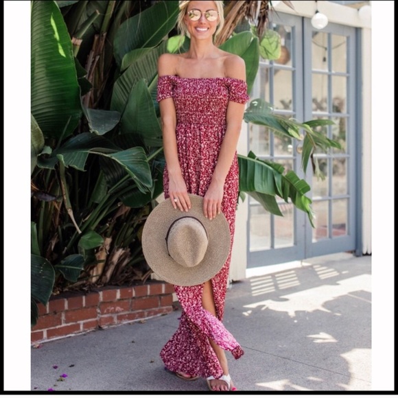 Dresses & Skirts - SALE!! Red maxi floral dress slit off the shoulder